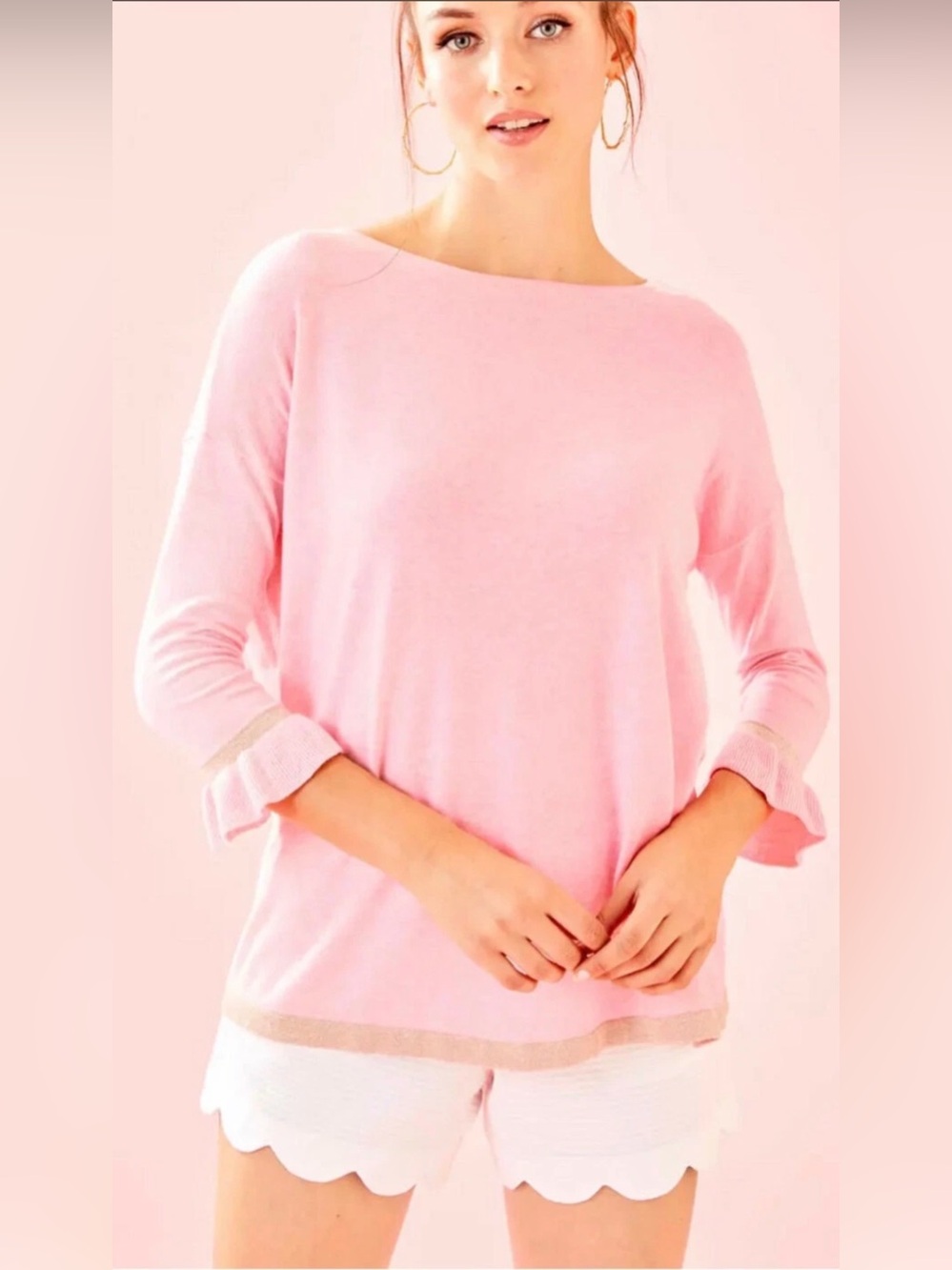 Lilly Pulitzer Women's Pink Sweater S Ruffle Bell Sleeve Metallic Trim Knit
